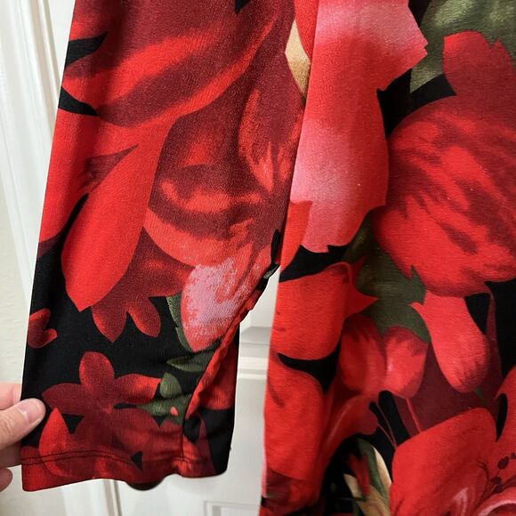 Susan Lawrence Red Tan Floral Stretchy Slinky Long Sleeve Top Womens Size 2X - Picture 4 of 10